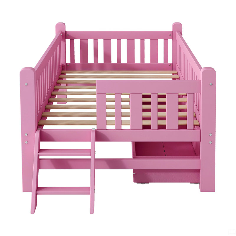 Wood Twin Size Platform Bed With Guardrail And 2 Drawers, Pink
