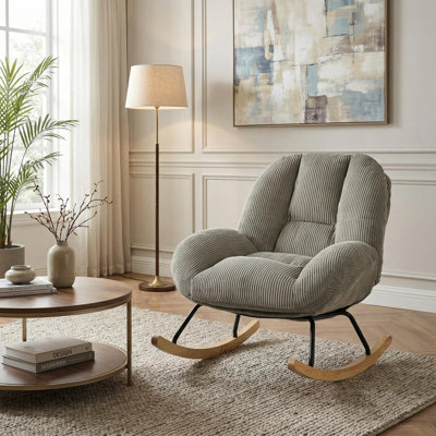 Modern Upholstered Rocking Accent Chair with Rubberwood Base for Living Room, Bedroom and Nursery, Sage Grey