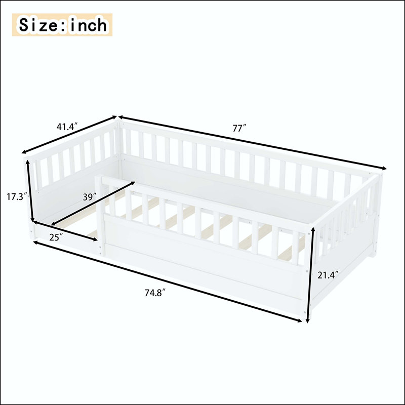 Lit simple Montessori avec porte et barrière de haute sécurité, Lit simple, Blanc