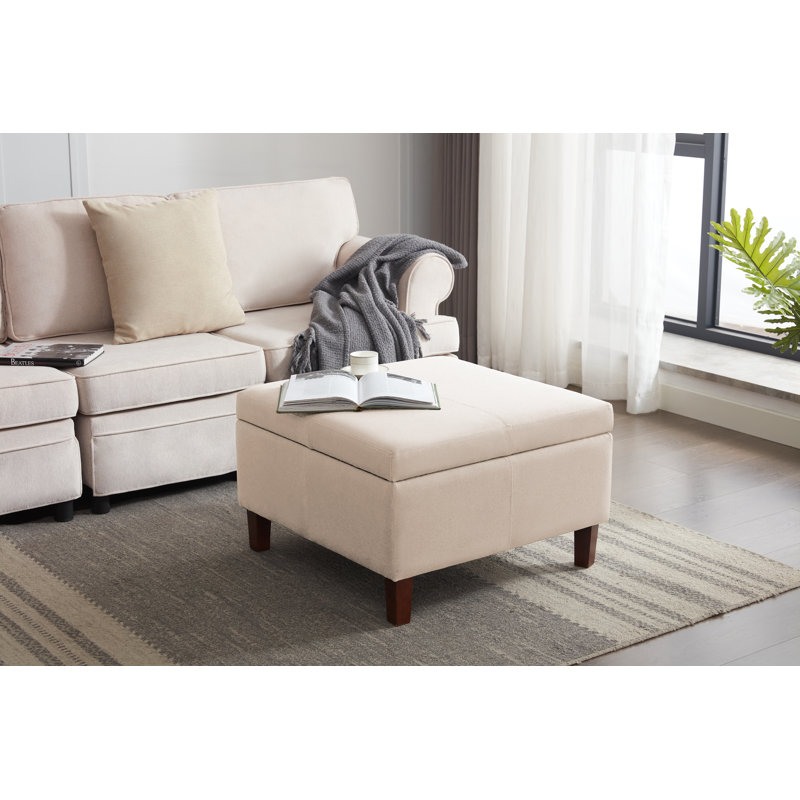 Amariauna Storage Ottoman with Wooden Legs, Beige Polyester Blend