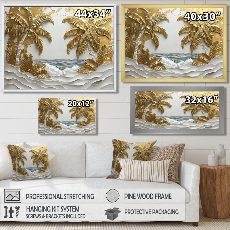 Art mural Colsyn crème dorée sur la plage I - palmiers et palmiers, Reproduction encadrée d'une seule photo, Doré