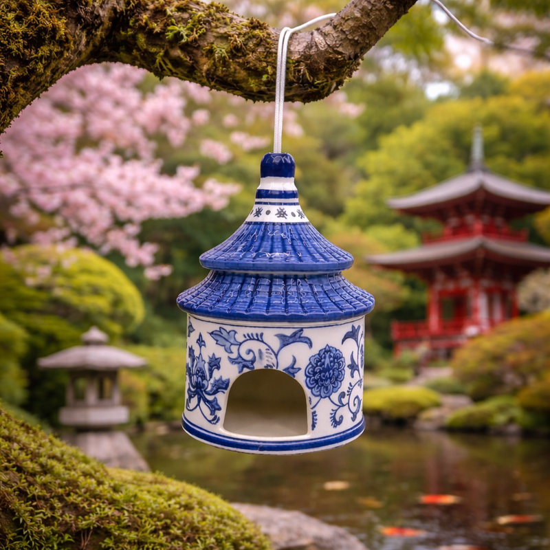 8X4.5" Chinoiserie Pagoda Bird House, White/Blue