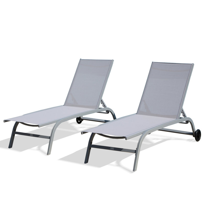 2 Outdoor Lounge Chairs In Grey - Frame, Comfortable Fabric, All Weather Ready Chaise Grey. 5 Adjustable Positions, Aluminium, Covering, Wheels For Portability, Effortless Assembly
