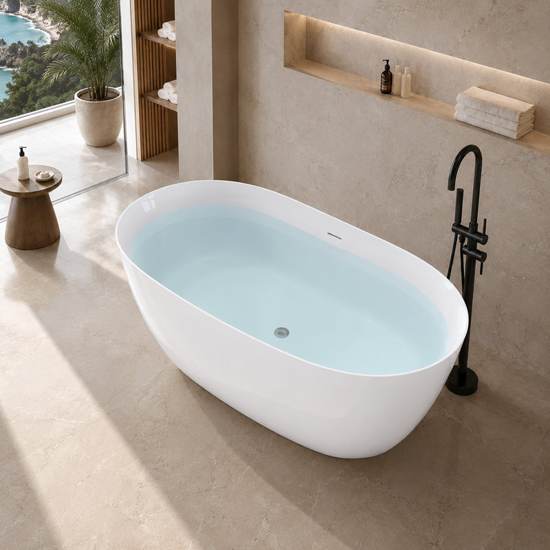 Baignoire autoportante ovale en acrylique de 140 cm (55 po), profondeur d'immersion de 39 cm (15,3 po), bonde centrale et trop-plein intégré, blanc brillant