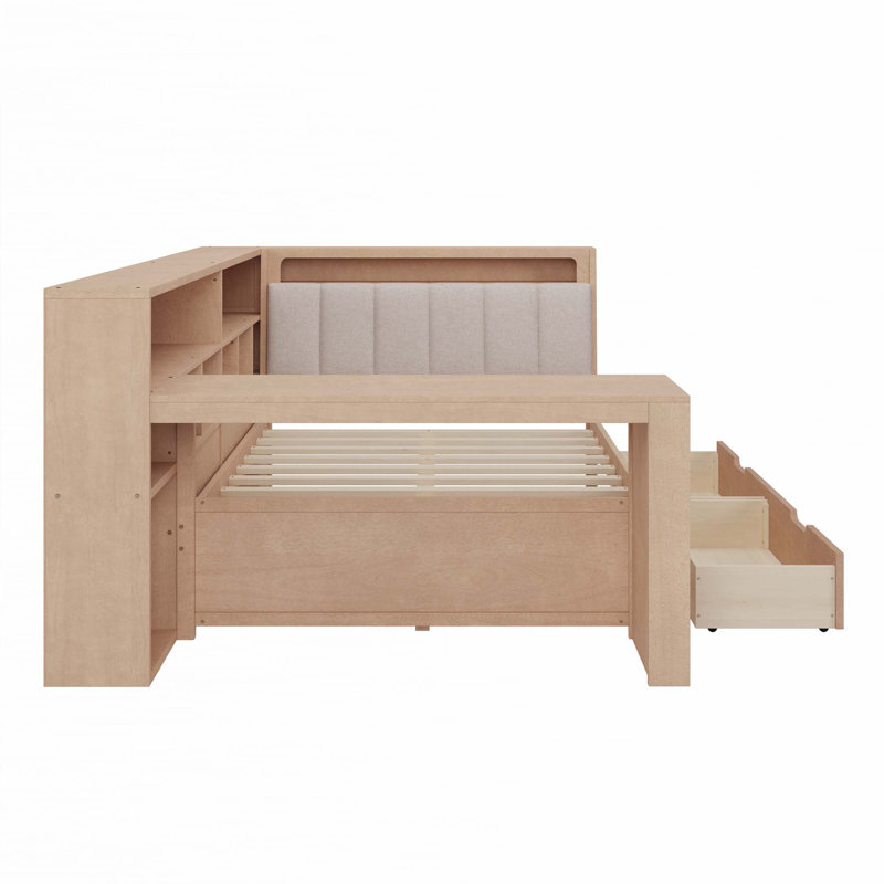 Lit de jour en L en forme de L avec éclairage à DEL, bureau et bibliothèque de rangement, Complet/Double, Naturel