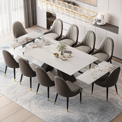 11-Pieces Dining Set With 110.24'' Extendable Faux Marble Dining Table and 10 Faux Leather Dining Chairs