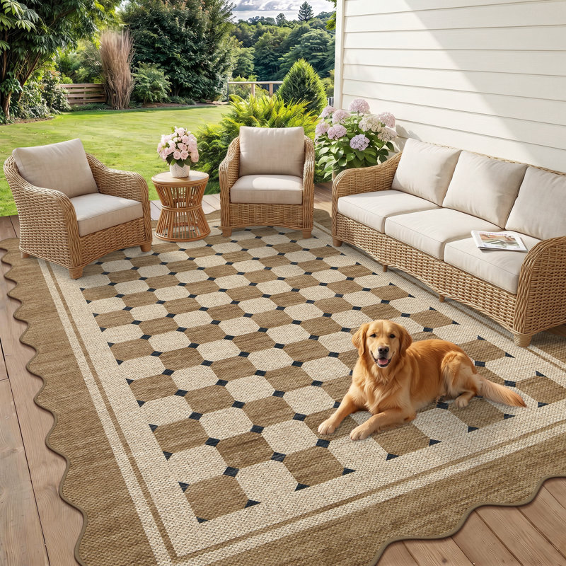 Tapis intérieur/extérieur facile à utiliser, aspect jute, avec bords festonnés, Couleur lin, 5 x 7 pi