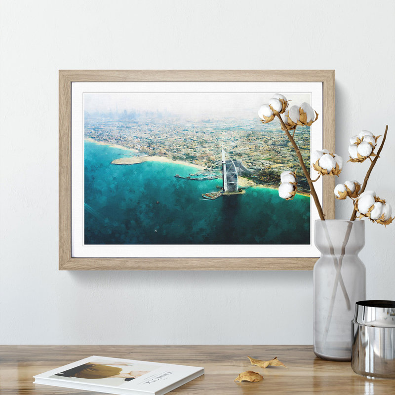 Burj Al Arab Hotel Dubai Skyline Painting - Single Picture Frame Print on MDF, 24cm H x 33cm W x 2cm D, Oak