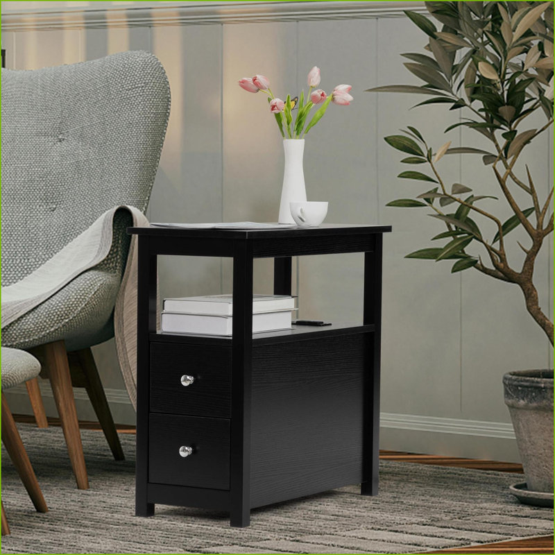 Table de chevet moderne en bois avec station de charge & amp; 2 tiroirs - noir