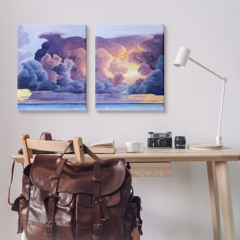 «Nautical Horizon Sunset Sky Mauve Blue Clouds» par Grace Popp - ensemble de 2 peintures, H 30 po x l 24 po, Toile tendue