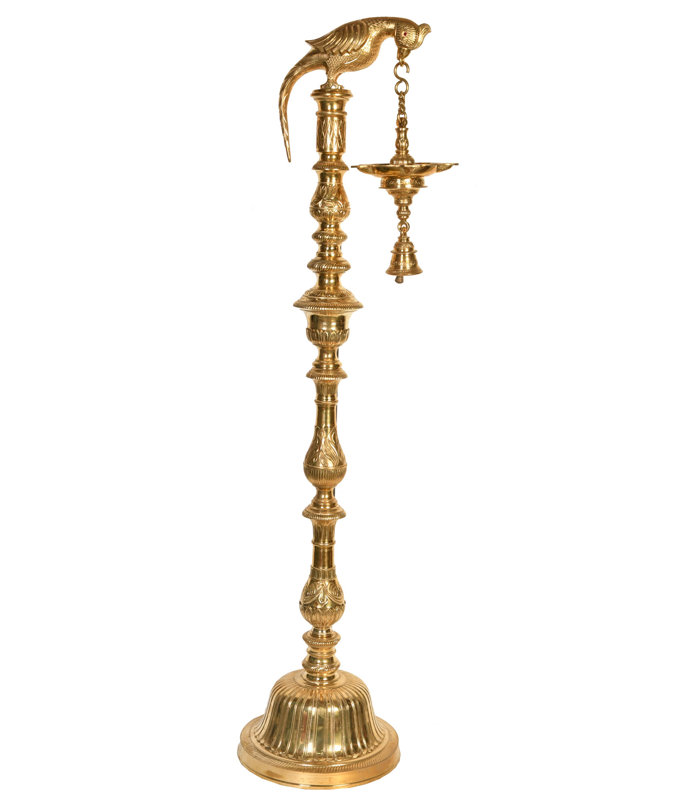 50" Large Handmade Brass Parrot Lamp with Bell – Artistic Multi-Wick Diya for Temple, Luxury Entryway & Spiritual Garden Décor