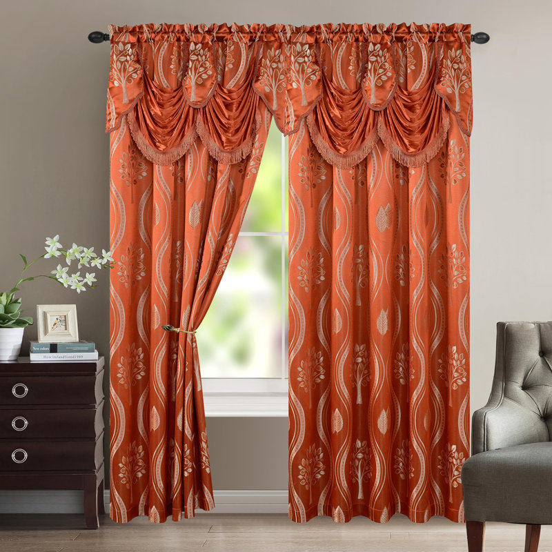 Elegant Comfort Jacquard Look Curtain Panel Set with Attached Valance 54" X 84 inch (Set of 2), Rusty Red