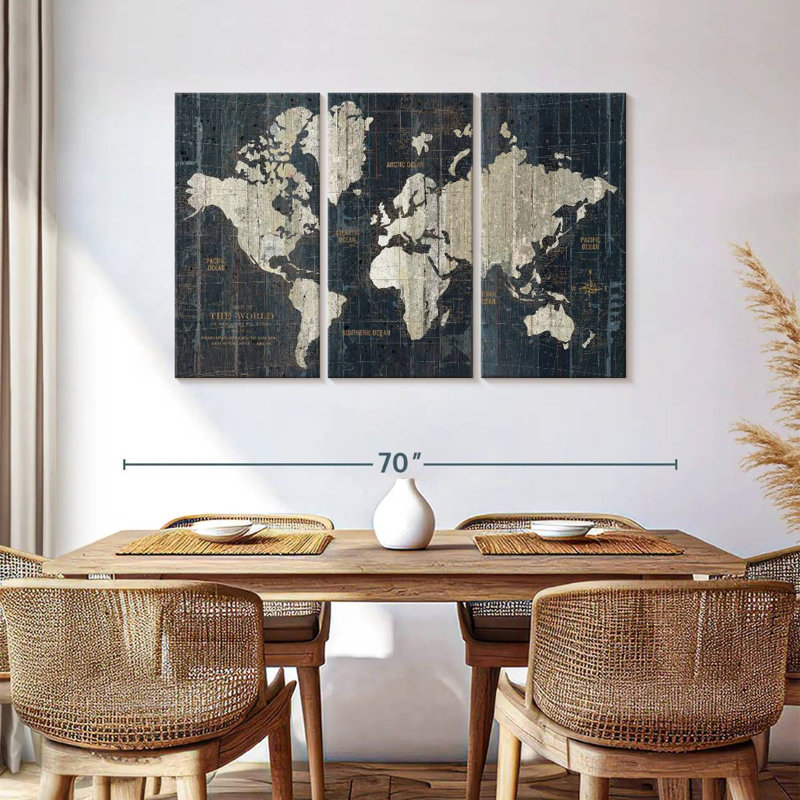 Carte du vieux monde en bleu sur toile, ensemble de 3 pièces, H 57 po x l 36 po x P 1,25 po