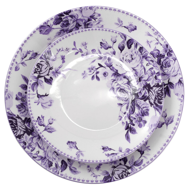 Lark Manor™ Traditional Red Rose 16 Piece Stoneware Dinnerware Set, Purple
