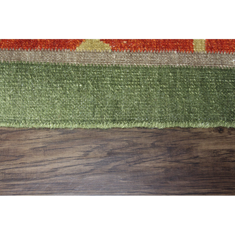 Tapis décoratif bleu/orange en laine tissé à la main à motif géométrique Bernie, Rectangle de 5 pi x 8 pi