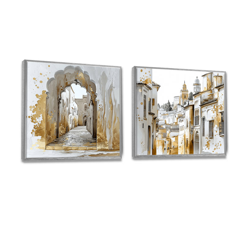 «Gold Fez Medina in Morocco I» - décoration murale marocaine - art mural traditionnel 2 pièces, Argent argent