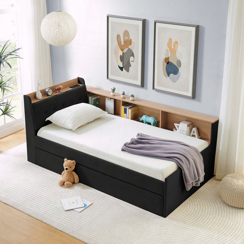 Velvet Daybed Adjustable Height Storage Wireless Charging, Black