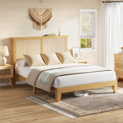 Base de lit pleine grandeur en bois massif et en métal soudé avec tête de lit en rotin d'une capacité de 1000 lb avec lumière DEL et rangement sous le lit 8 po, lit plateforme silencieux, assemblage facile, couleur bois naturel