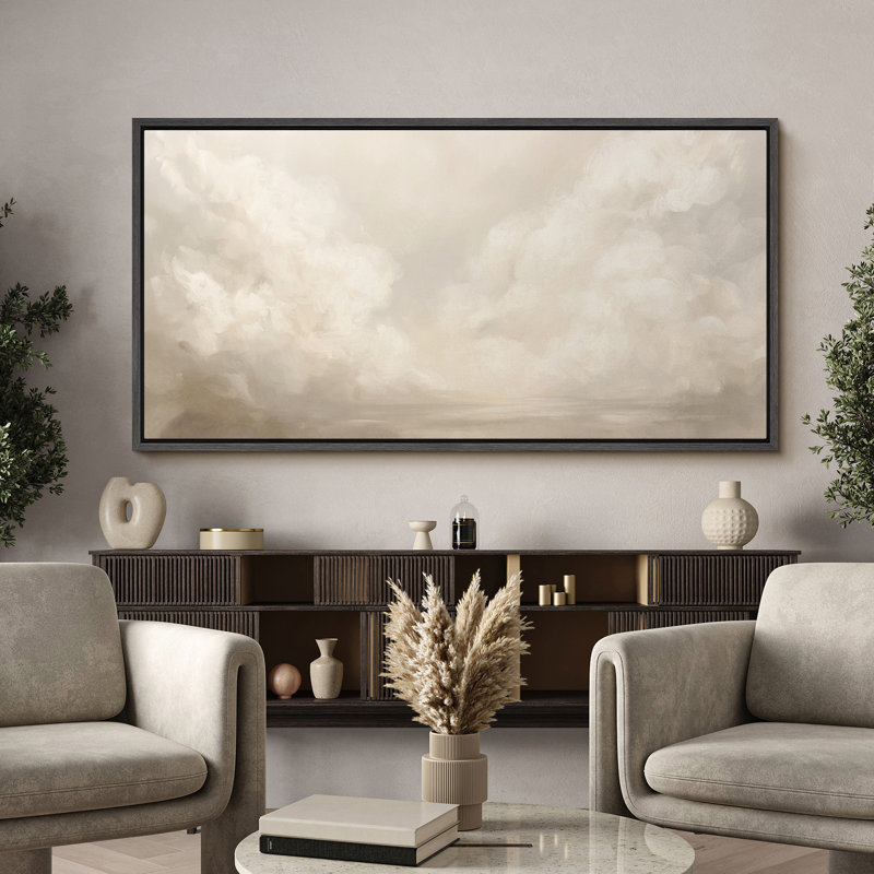 «Serene Cloudscape in Cream Tones», art sur toile encadré - Scène de ciel neutre et tranquille pour chambre ou spa, Noir