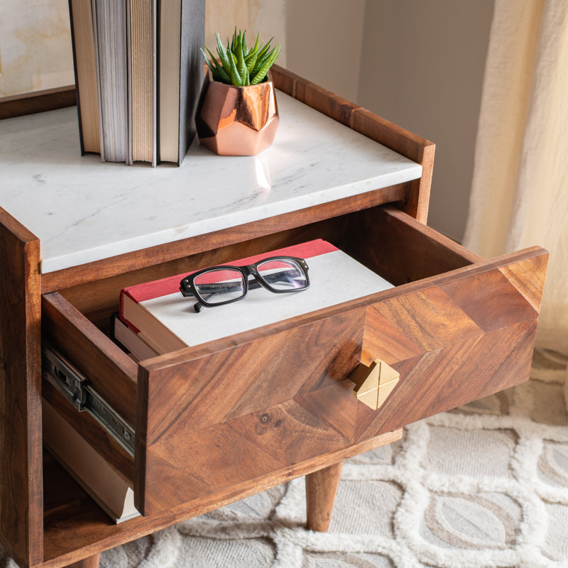Kerstetter 19'' W Nightstand – Stylish Wood Nightstand with Gold-Finish Hardware & Marble Top Design, Walnut