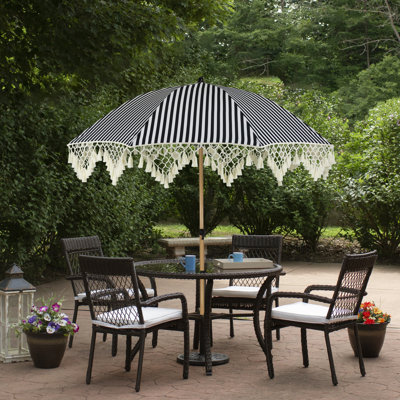 black stripped patio umbrella Blissun 9' Outdoor Umbrella, Striped Patio Umbrella, Outdoor Table Umbrella, Market with 8 Sturdy Ribs, Push Button Tilt and Crank (Black & White Stripe) : Patio, Lawn & Garden this umbrella offers excellent value while casting its shady pleasure Northlight Striped Outdoor Macrame Boho