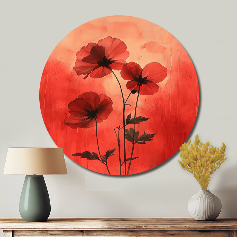 «Solary Geranium Petals In Volcano Grace I - Geraniums», art mural rond en métal, H 16 po x l 16 po