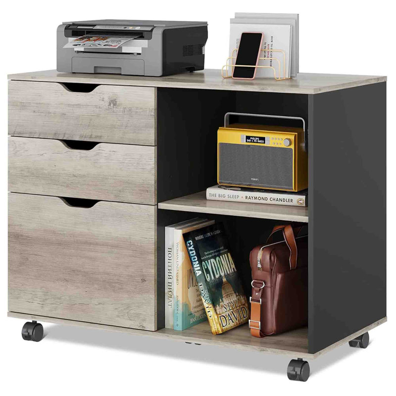 Greige 3-Drawer Wood Mobile Filing Cabinet with Open Shelves