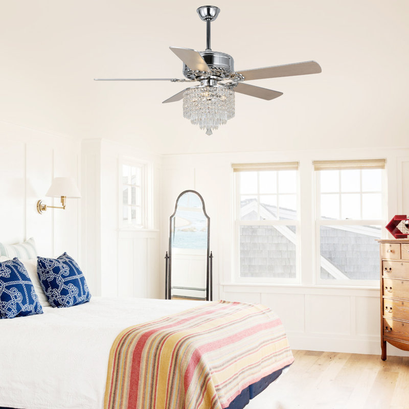 Ventilateur de plafond moderne en cristal de 52 pouces avec lumières et télécommande, 5 ventilateurs de plafond réversibles à deux pales pour salle à manger