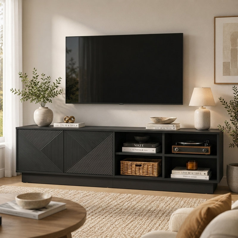 71" Wide Modern Sideboard With Wave Texture Doors And 16-Color LED Lights, White