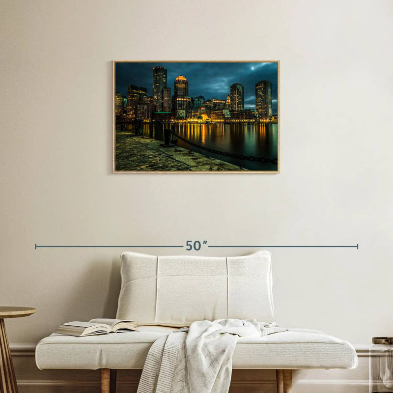 Silhouette de Boston la nuit, 31 po x 21 po, Cadre flottant en bois naturel