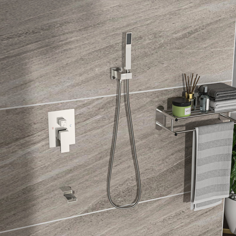 Brushed Nickel Shower Package: 16" Square Rainfall Head, Waterfall Spout, Handheld With Main Color Ceiling Mount In Nickel: Arm