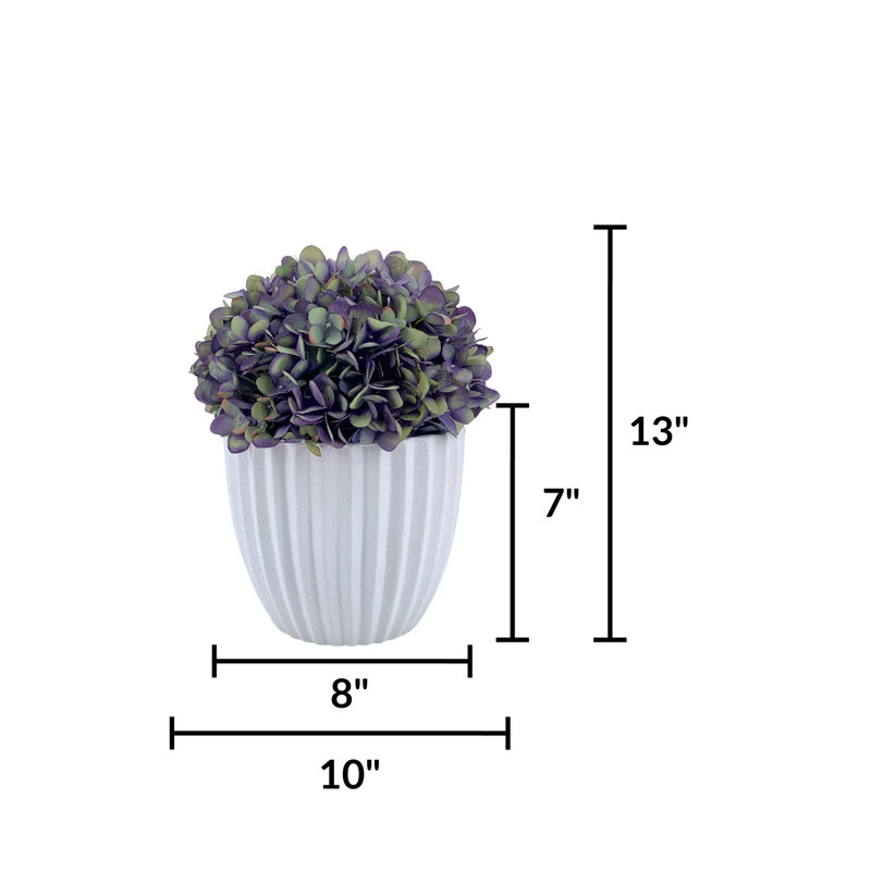 Arrangement de faux hortensias en céramique blanc pierre, Blanc, Mauve