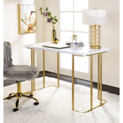 Writing Desk White & Gold, Rectangular, Open Base Metal Square Tube, Composite Wood, 24" Deep X 48" Wide 31" High Rectangular With Gold Color, Synthetic 31