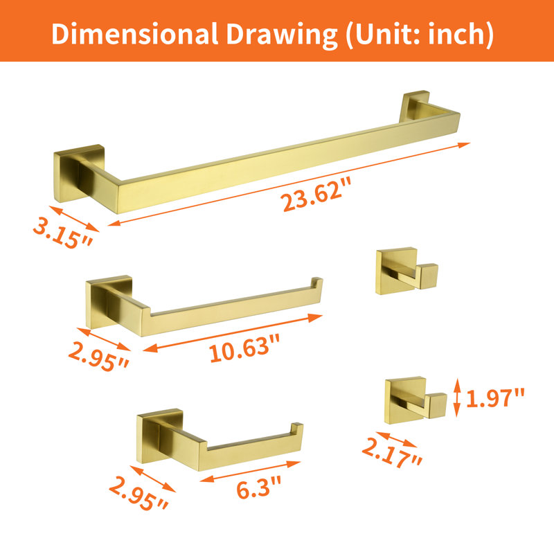 Bathroom Hardware 5-Piece Bath Hardware Set With Towel Bar, Robe Hook, Toilet Paper Holder, Brushed Gold
