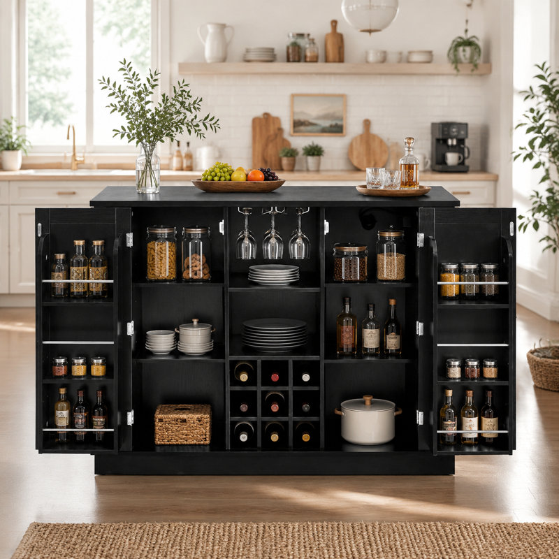 U-Shaped Integrated Bar & Sideboard — Home Dining Unit Featuring Foldable Countertop, Built-In Power Outlets, Double-Door Storage, Wine Rack, And Stemware Holder