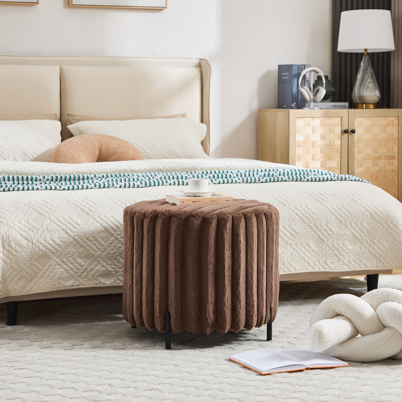 Upholstered Ottoman Metal Legs Faux Fur Fabric, Brown