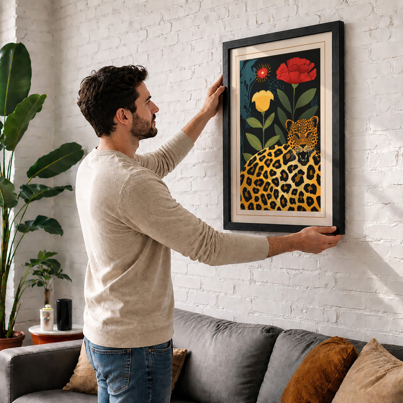 Leopard And Blooms Art Deco - Print, A3 - 42.0 x 29.7 cm, White
