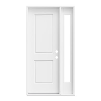 Porte d'entrée extérieure extérieure en fibre de verre 32 po x 80 po, apprêtée blanche, porte prémontée à 2 panneaux, imposte latérale fixe blanche, porte vitrée claire à 1 carreau avec chambranle, ouverture vers l'intérieur à gauche (quincaillerie non incluse)