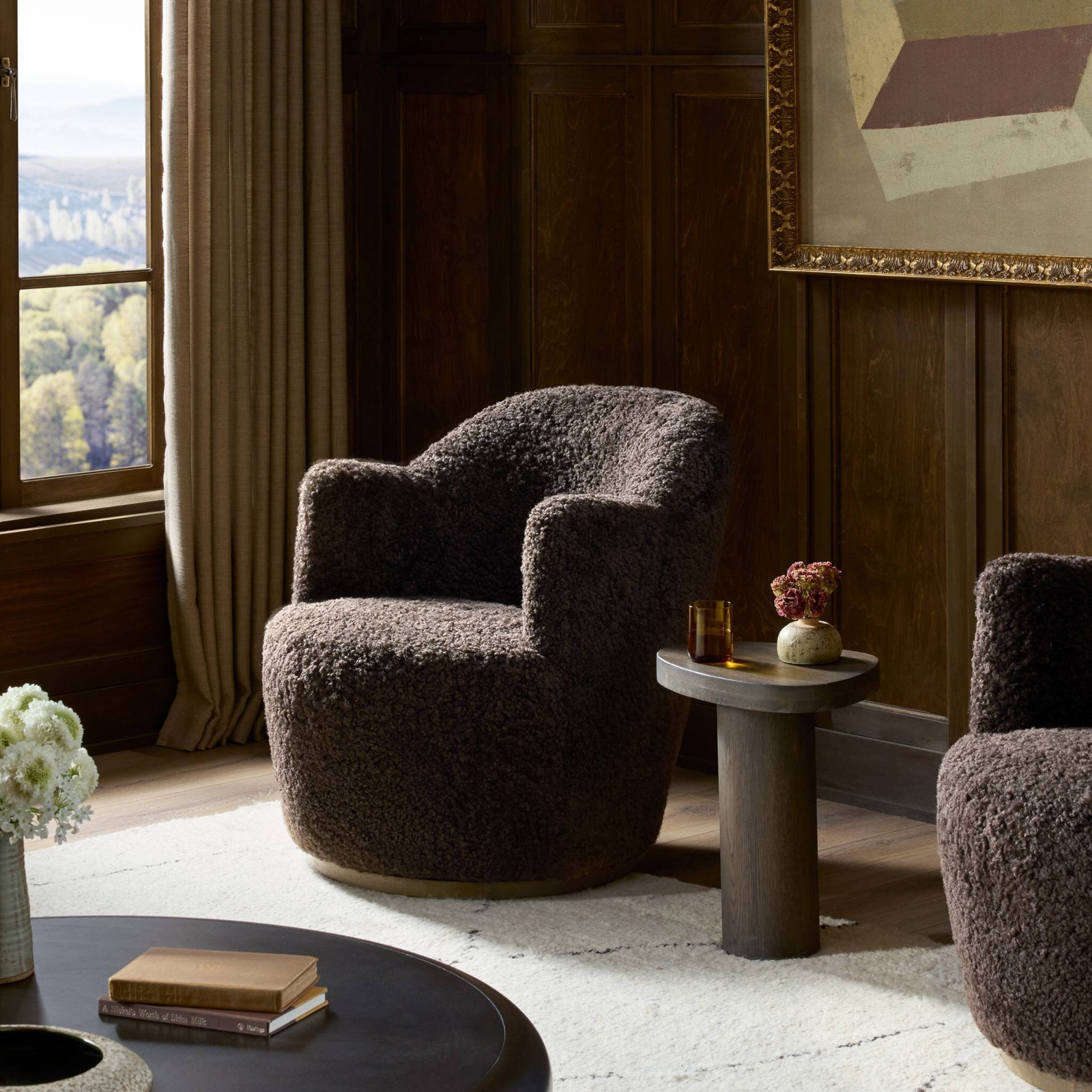 Corson Swivel Barrel Chair, Cocoa Shearling