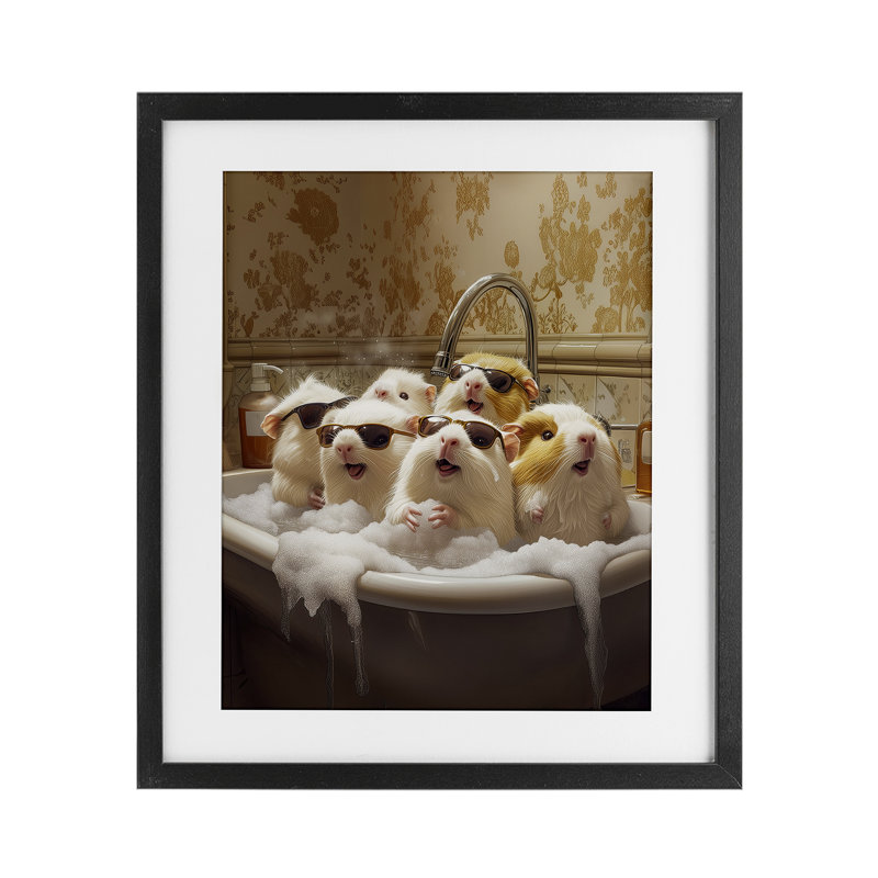 Cochons d'Inde dans un bain moussant, reproduction sous verre, conception de Jim Baldwin, Cadre noir minuit