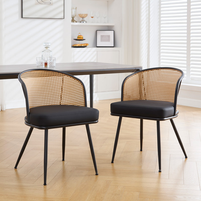 Chaises de salle à manger rembourrées en tissu de polyuréthane 19,3 po H avec dossier canne et structure en métal noir, 2