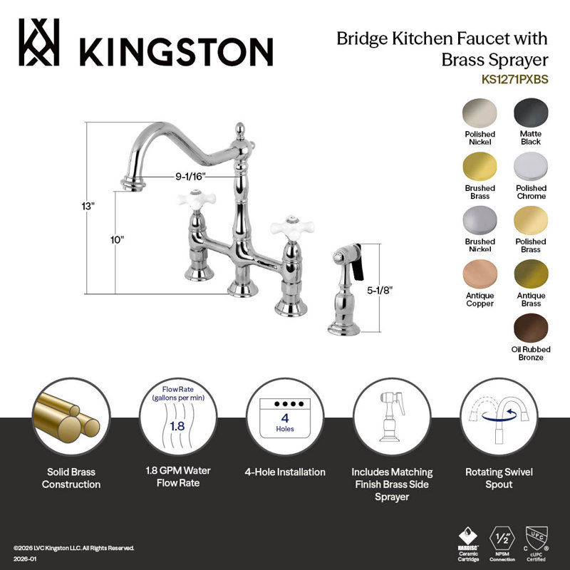 Kingston Brass Heritage Two-Handle 4-Hole Deck Mount Bridge Kitchen Faucet with Brass Side Sprayer, Polished Brass