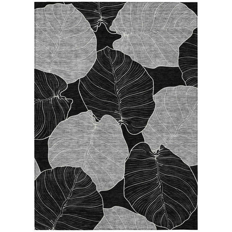 Machine Washable Indoor/Outdoor Chantille ACN2506 Floral Rug, Rectangle 3' x 5', Black