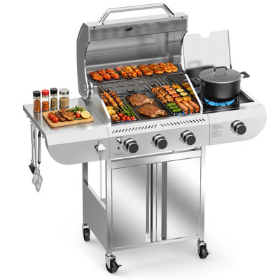 R.W.FLAME 3 - Burner Stainless Steel Gas Grill with 1 Side Burner & Dual Brake Universal Wheels, 34,000 BTU Liquid Propane Gas Grill, Ideal for Outdoor Grilling & Backyard Use