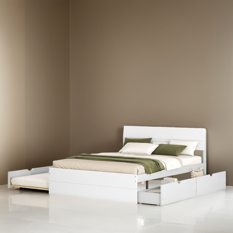 Structure de lit plateforme double avec lit gigogne simple et 2 tiroirs, Blanc