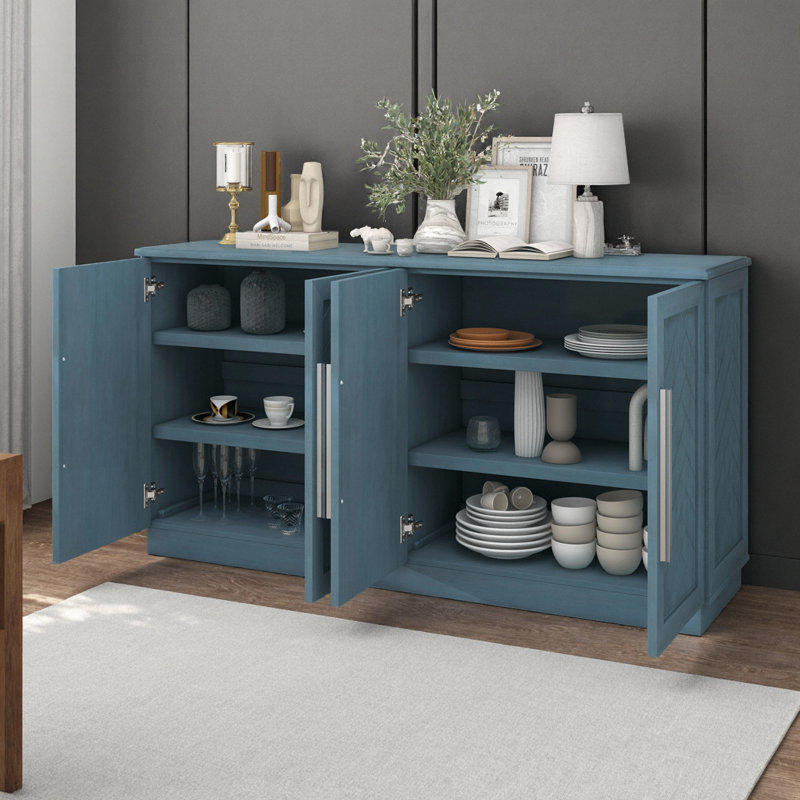 Buffet 60 po - Poignées argentées, tablettes réglables, rangement pour la salle à manger / cuisine, Bleu