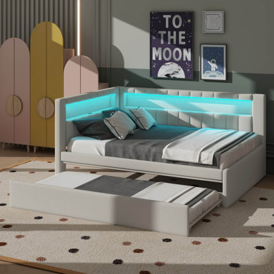 Full-Size Fully Upholstered Platform Bed With USB Ports, LED Illumination, And A Concealed Trundle