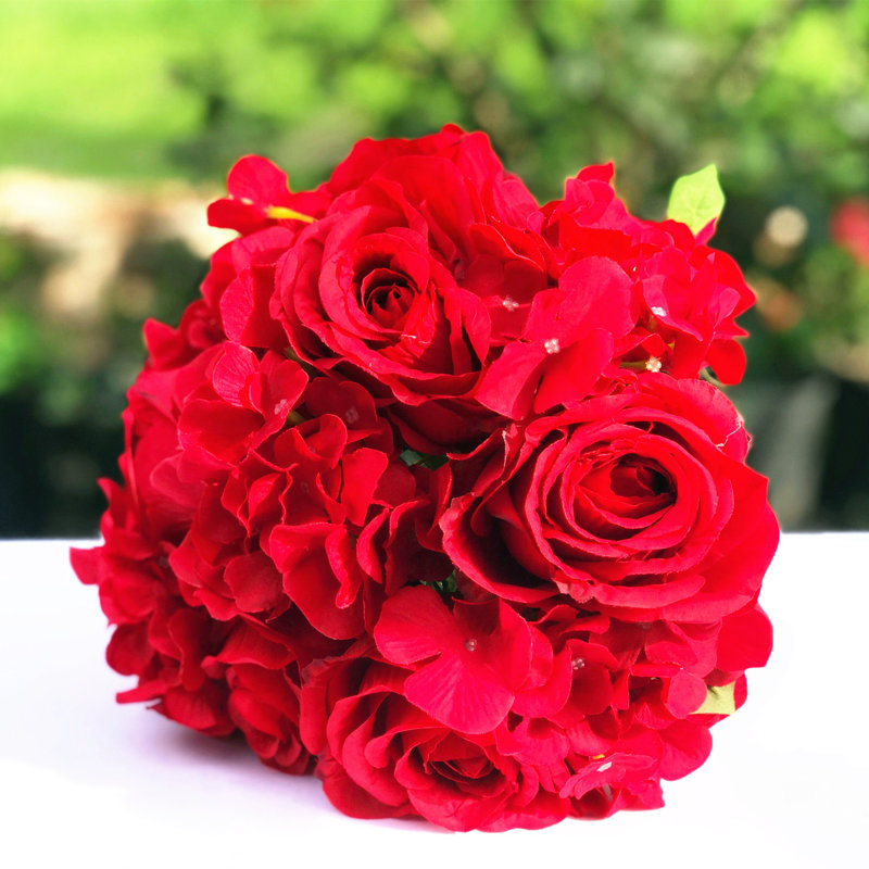 Agencement floral artificiel roses et hortensias, Rouge