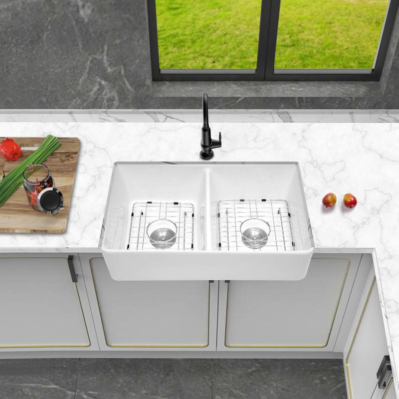 Évier de cuisine à double cuve avec crépine en argile réfractaire L 32 po x l 20 po Fireclay