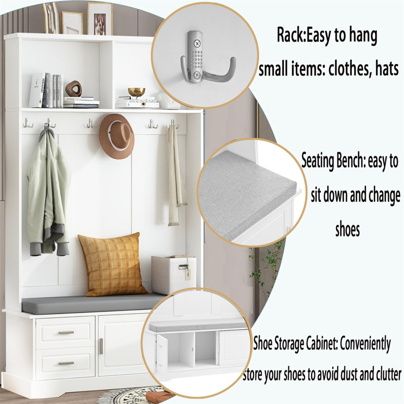 Hall Tree With Storage,Entryway Hall Tree With Bench And Doors,Hall Tree With Bench And Shoe Storage For Home, White